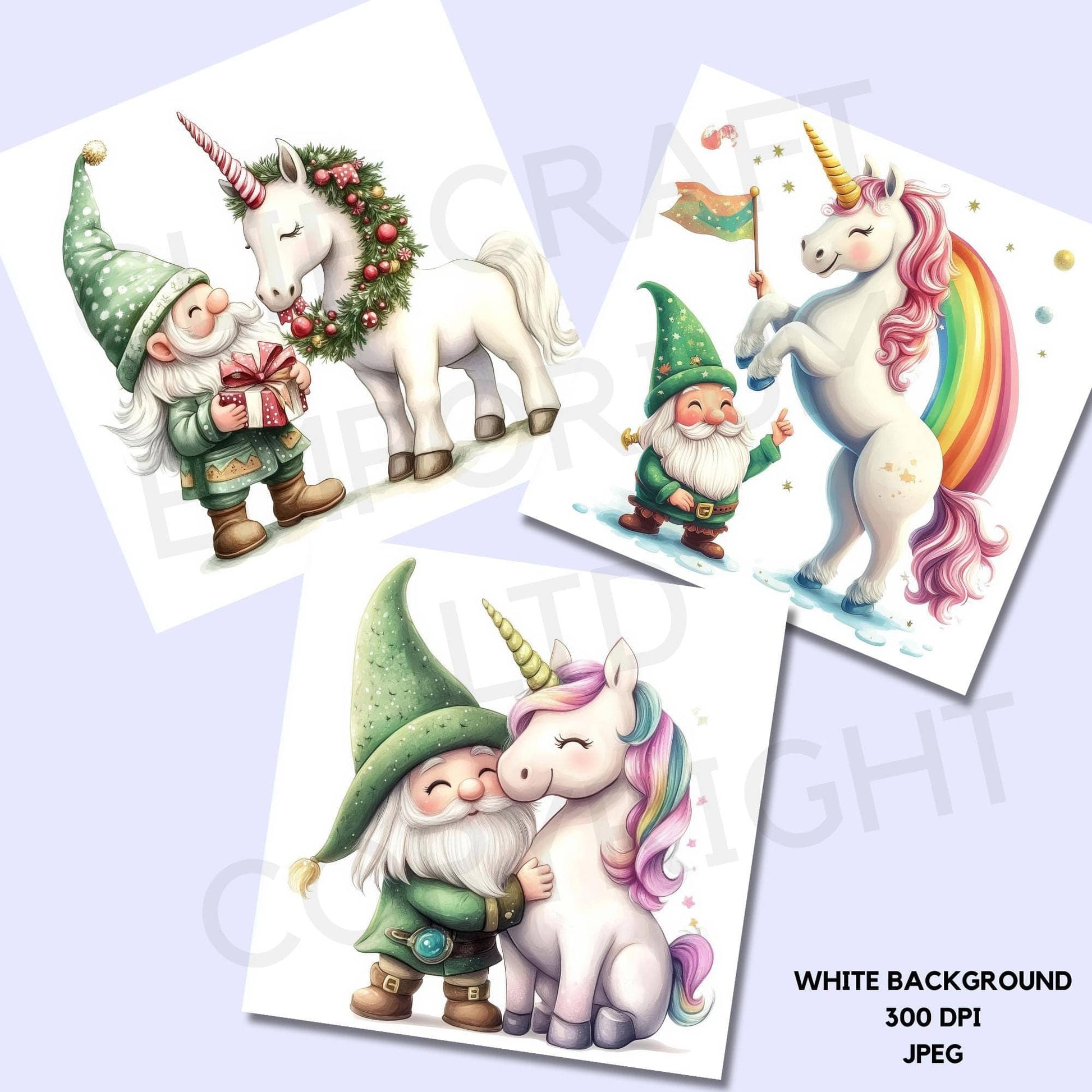 a set of three cards with unicorns and gnomes