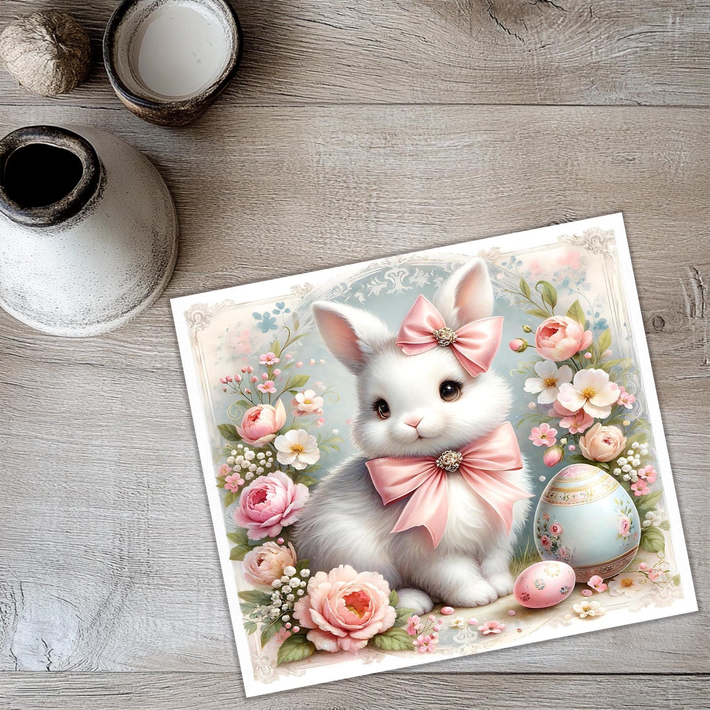 a picture of a white rabbit with a pink bow