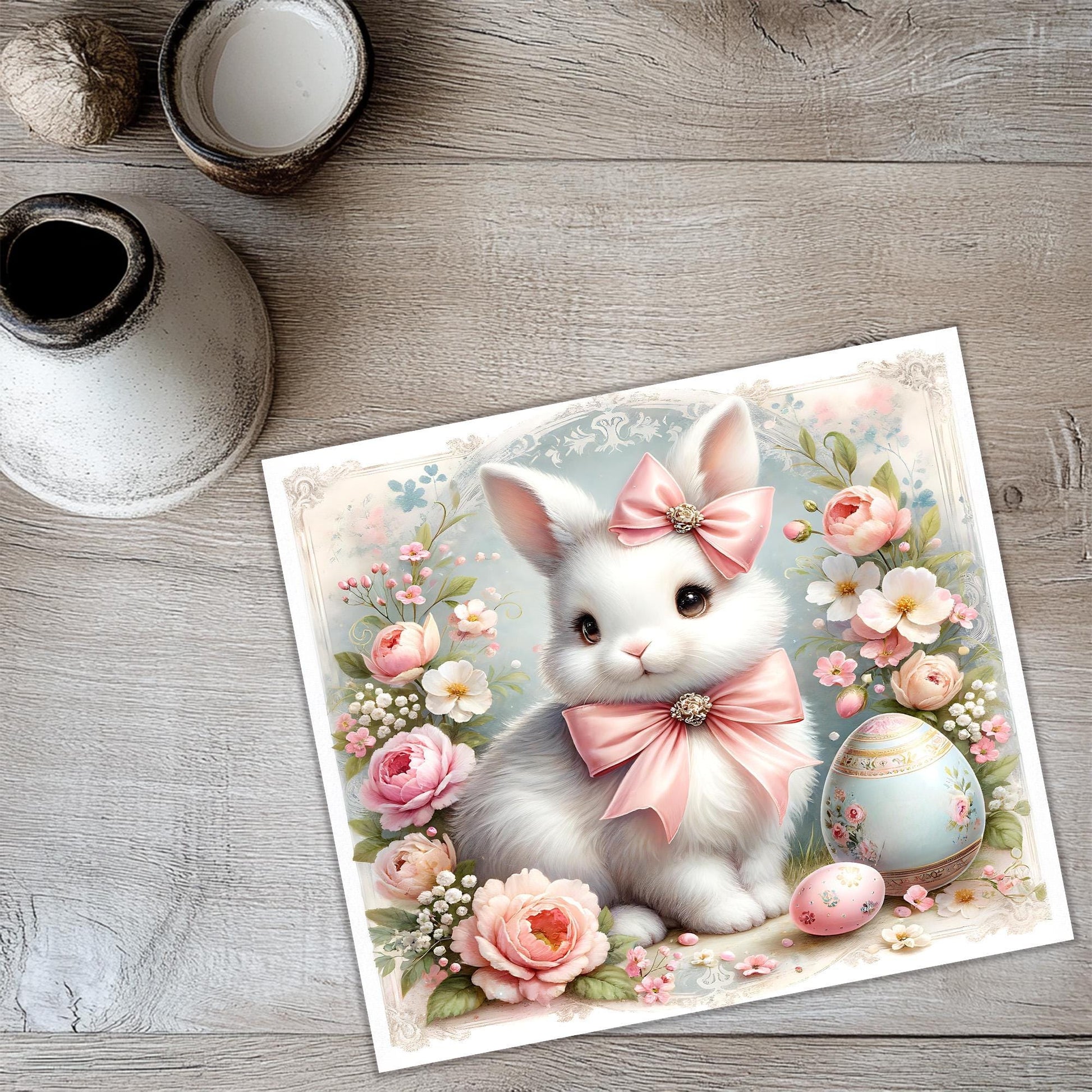a picture of a white rabbit with a pink bow