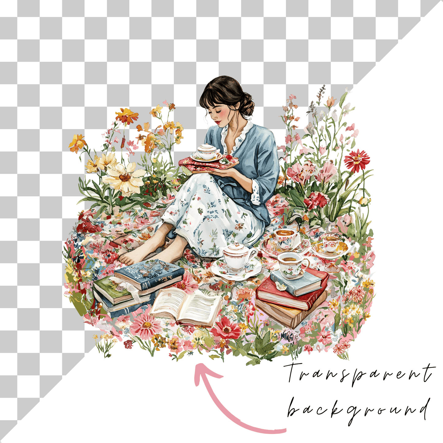 a woman reading a book in a field of flowers