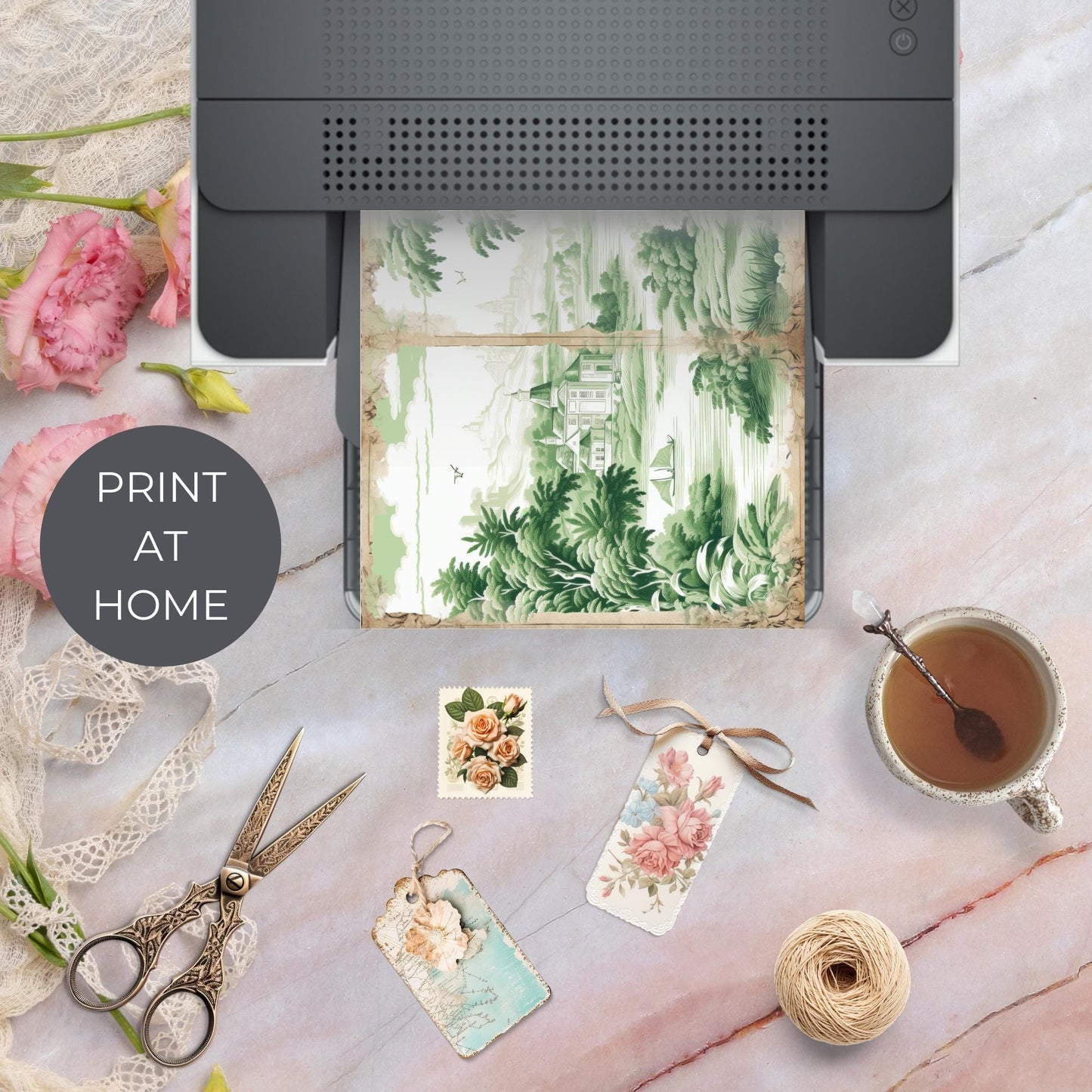 Green Toile Junk Journal Pages | French Green 6 Digital Journal Pages | French Junk Journal | Digital Paper | US Paper Size | JJ034