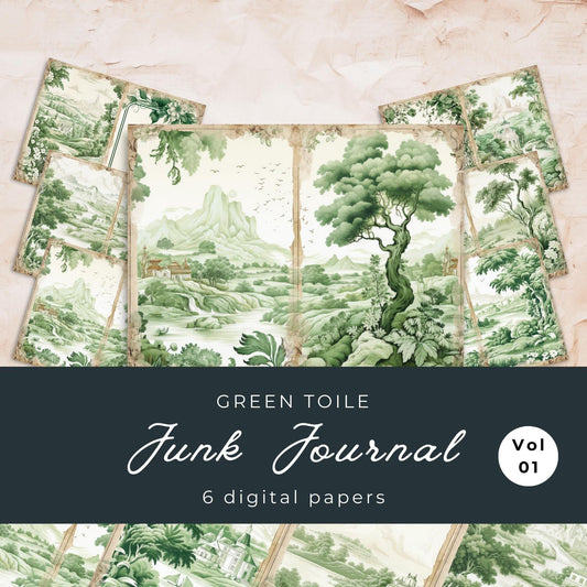 Green Toile Junk Journal Pages | French Green 6 Digital Journal Pages | French Junk Journal | Digital Paper | US Paper Size | JJ034