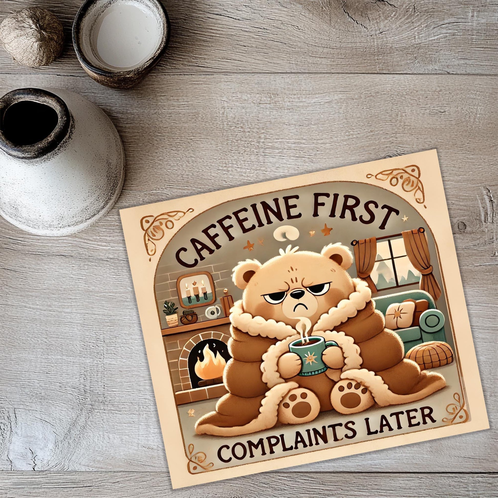 a picture of a teddy bear holding a cup of coffee