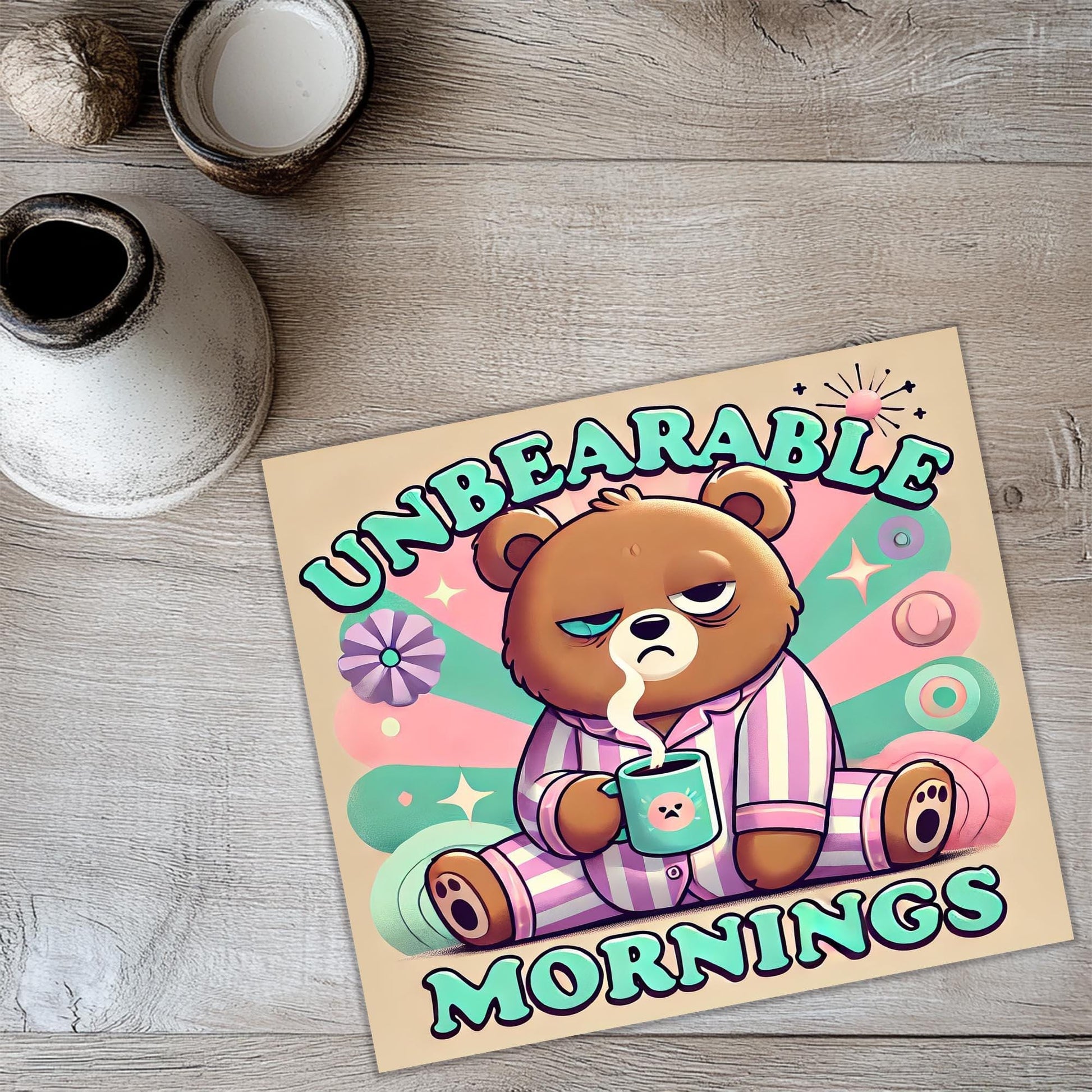 a picture of a bear with a cup of coffee