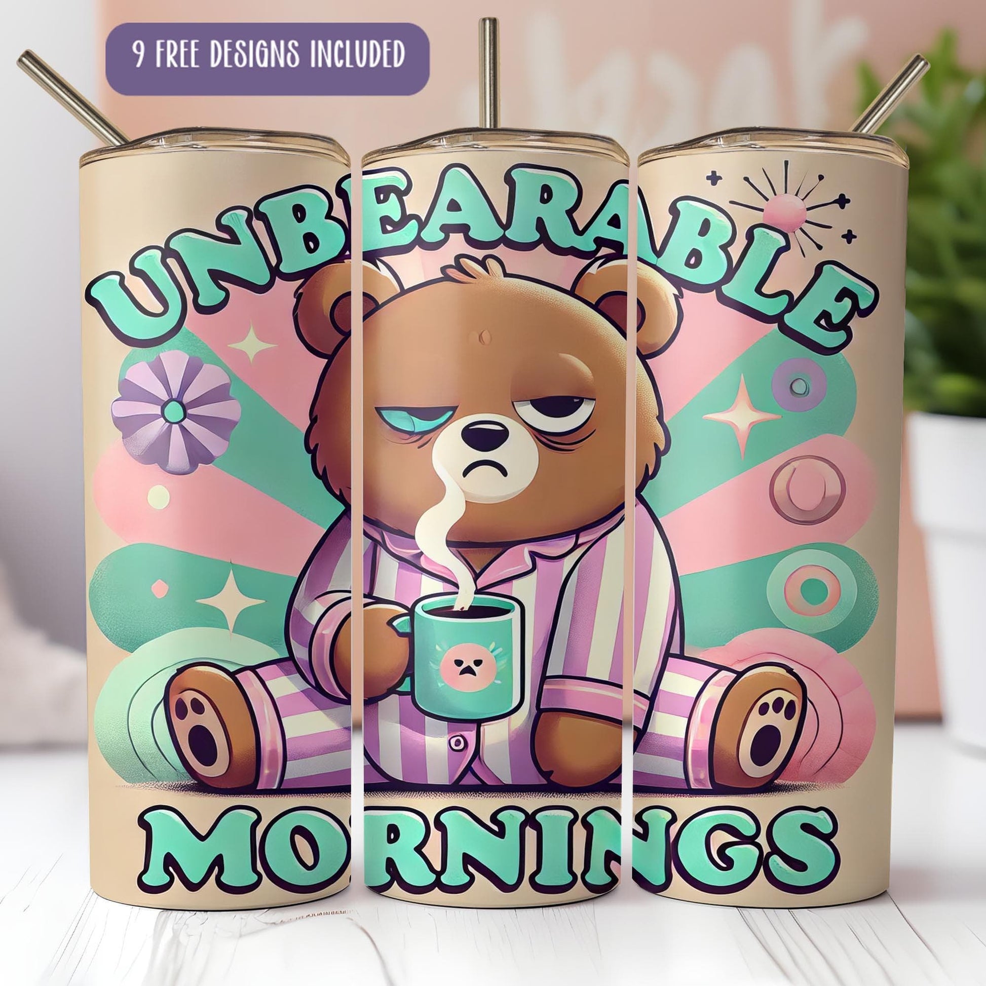 a picture of a bear with a cup of coffee