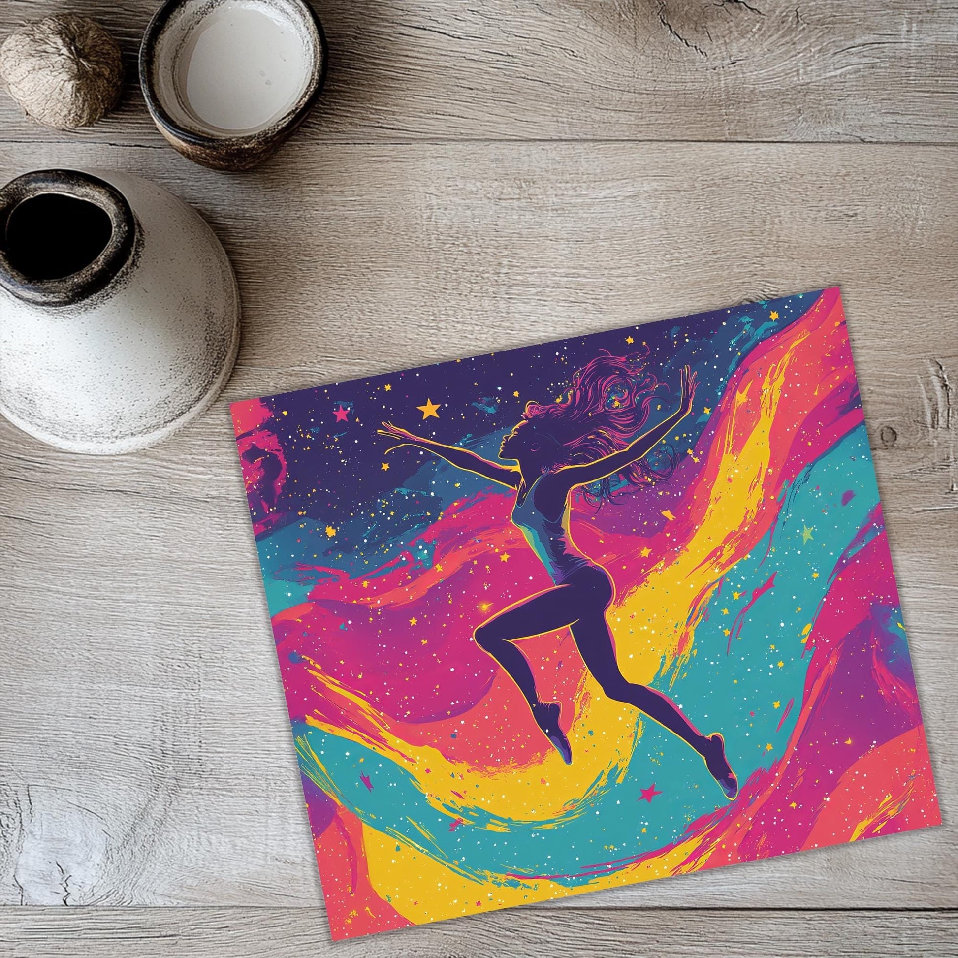 a picture of a woman dancing on a colorful background
