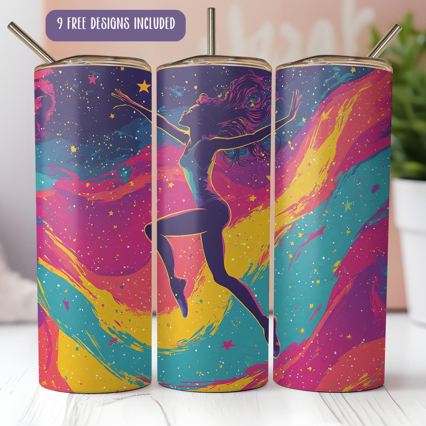 a set of three colorful tumbles with a woman on them
