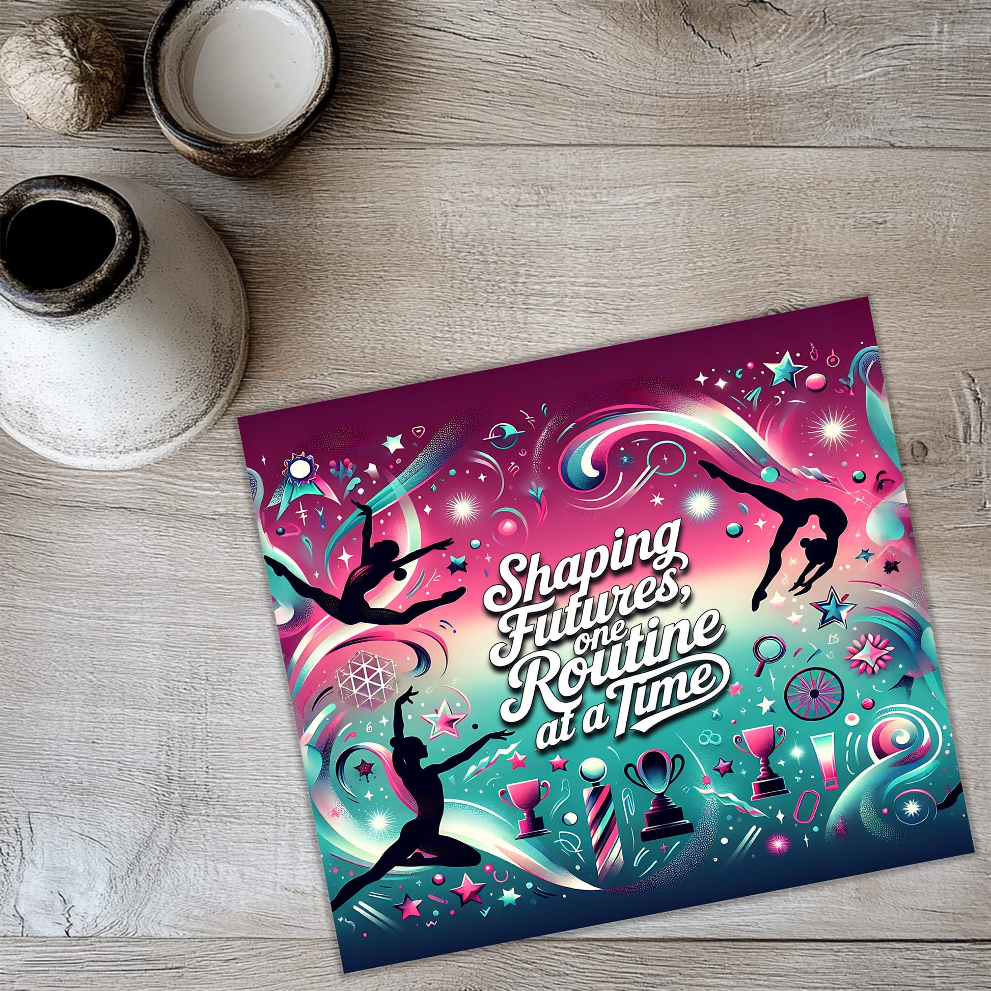 a vibrant and colorful illustration of a gymnast performing a routine, surrounded by various gymnastics-related elements such as stars, ribbons, and trophies.