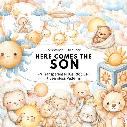 Here Comes the Son Clipart – Baby Nursery Sun Clipart PNG, Cute Animal Graphics, Seamless Patterns, Commercial Use