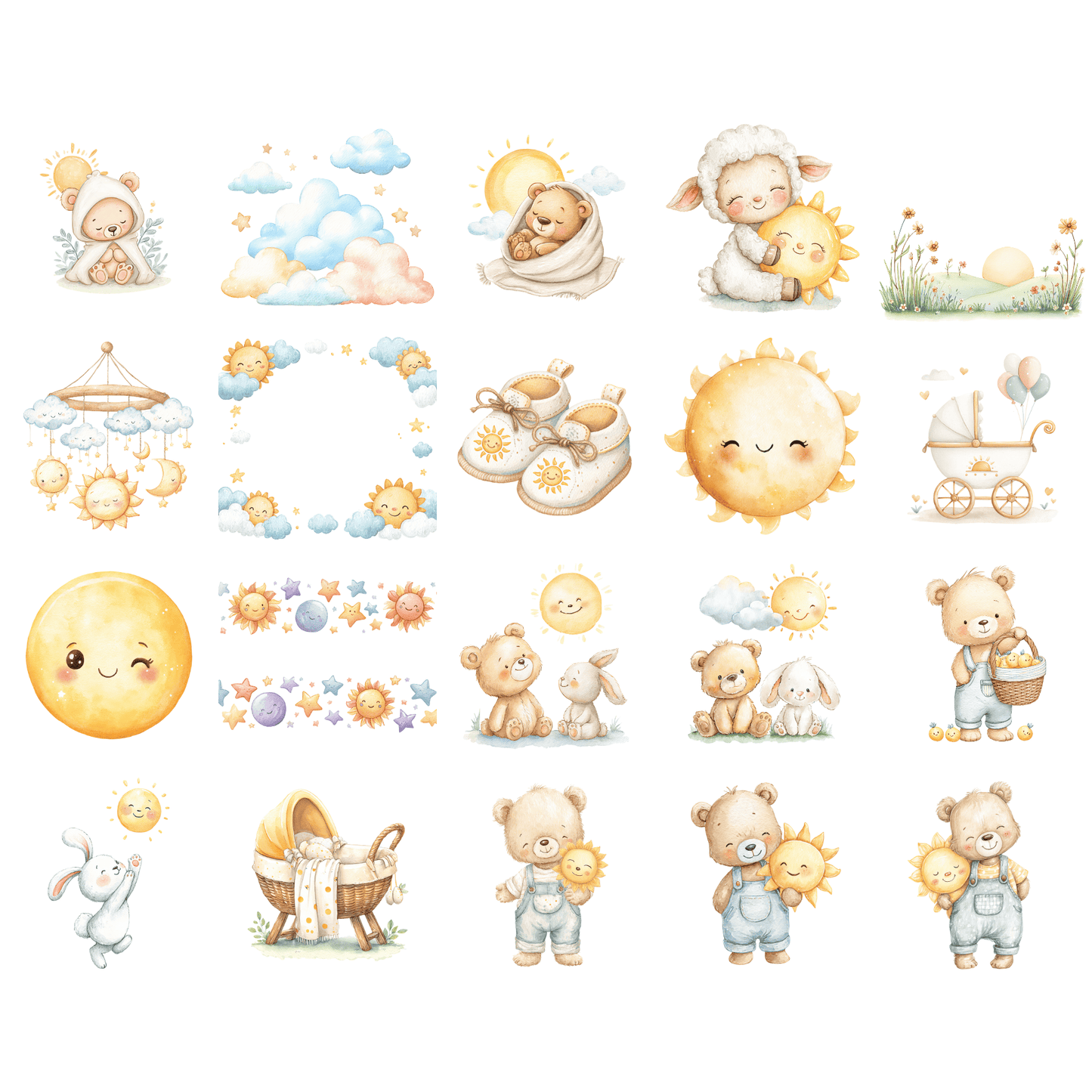 Here Comes the Son Clipart – Baby Nursery Sun Clipart PNG, Cute Animal Graphics, Seamless Patterns, Commercial Use
