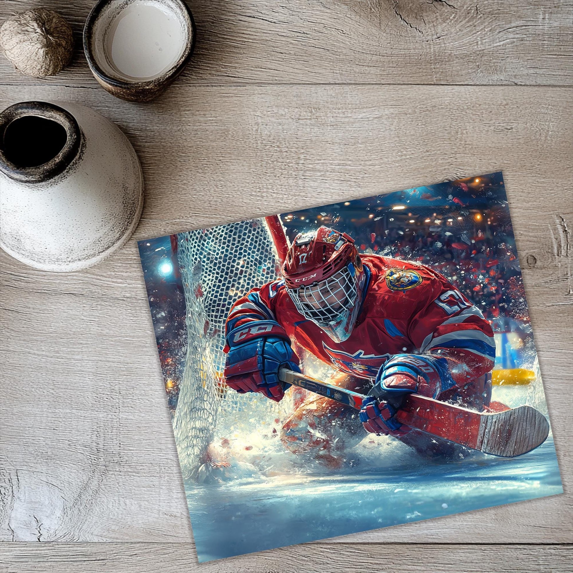 a painting of a hockey player on a wooden floor