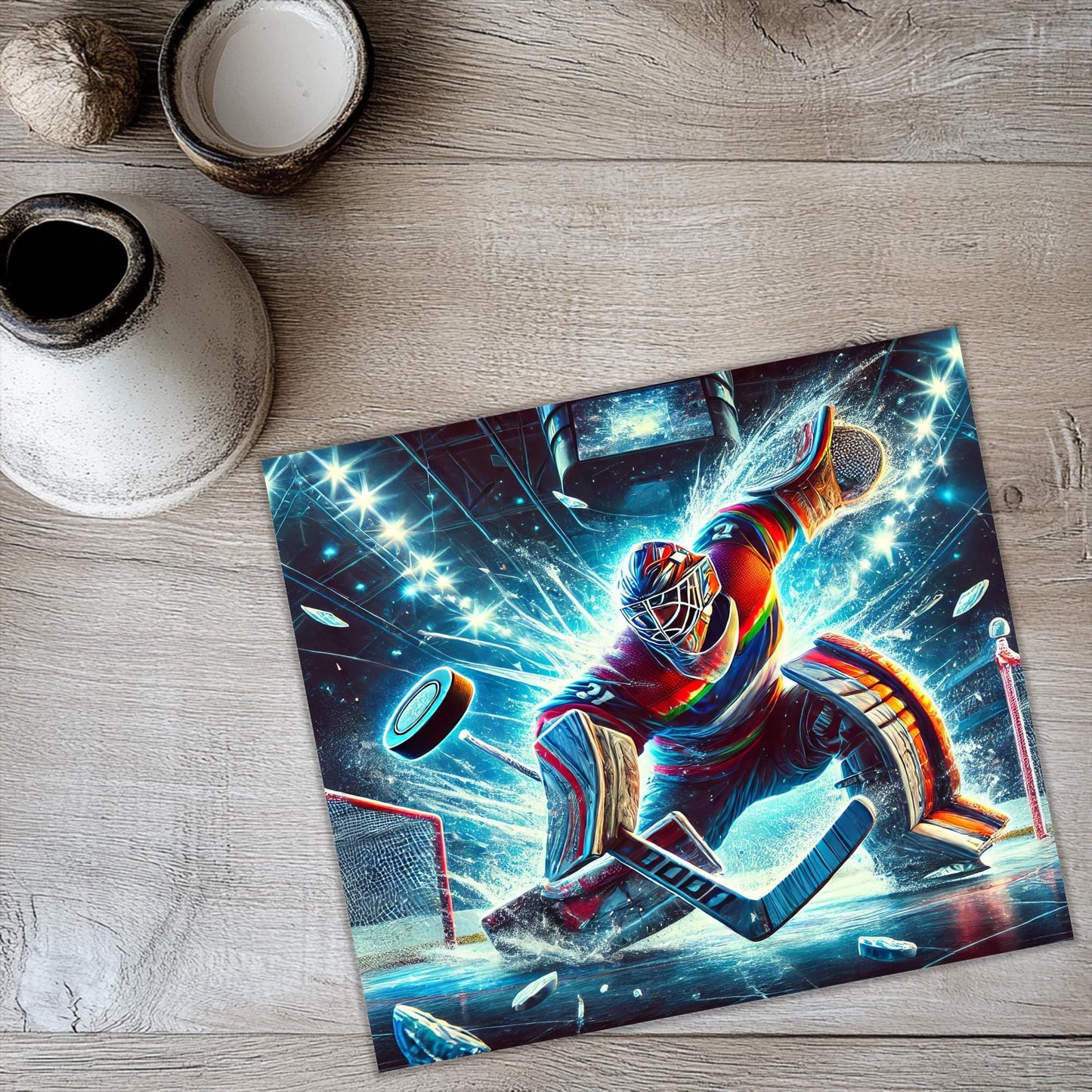 a painting of a hockey player on a wooden floor