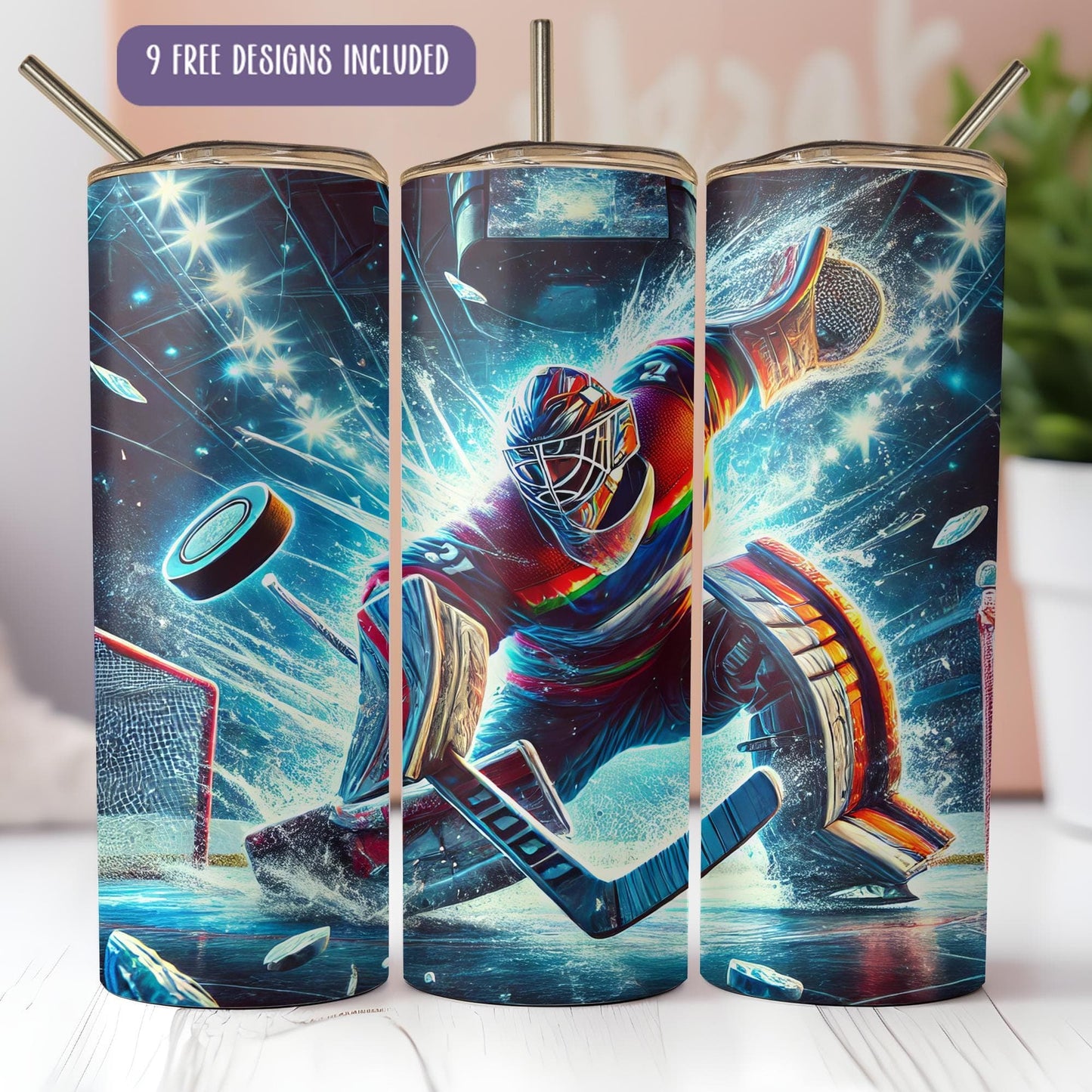 a set of three ice hockey tumblers with a painting of a goalie on