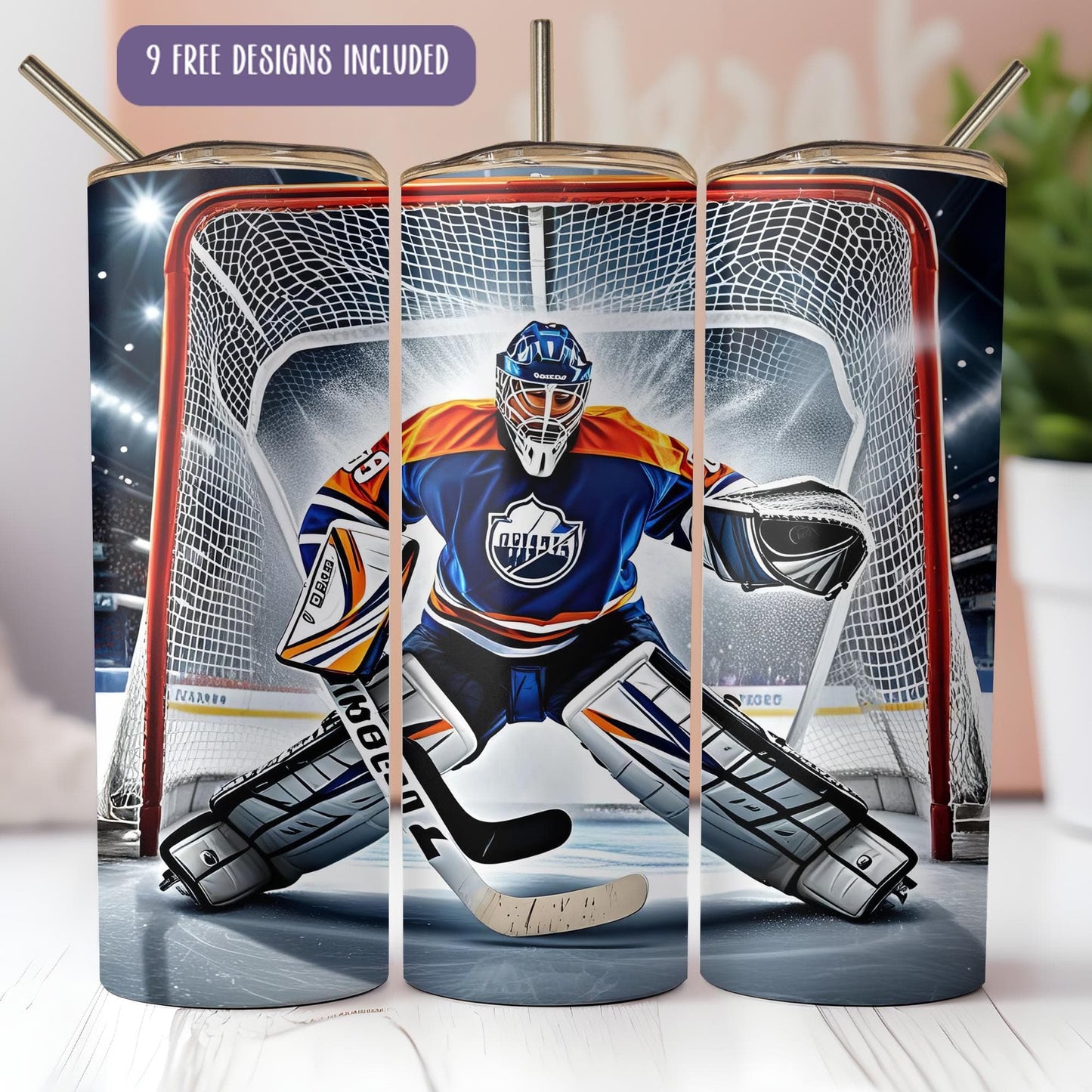 a picture of a hockey goalie on a can cooler