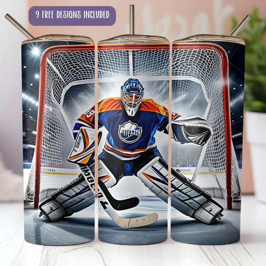 a picture of a hockey goalie on a can cooler