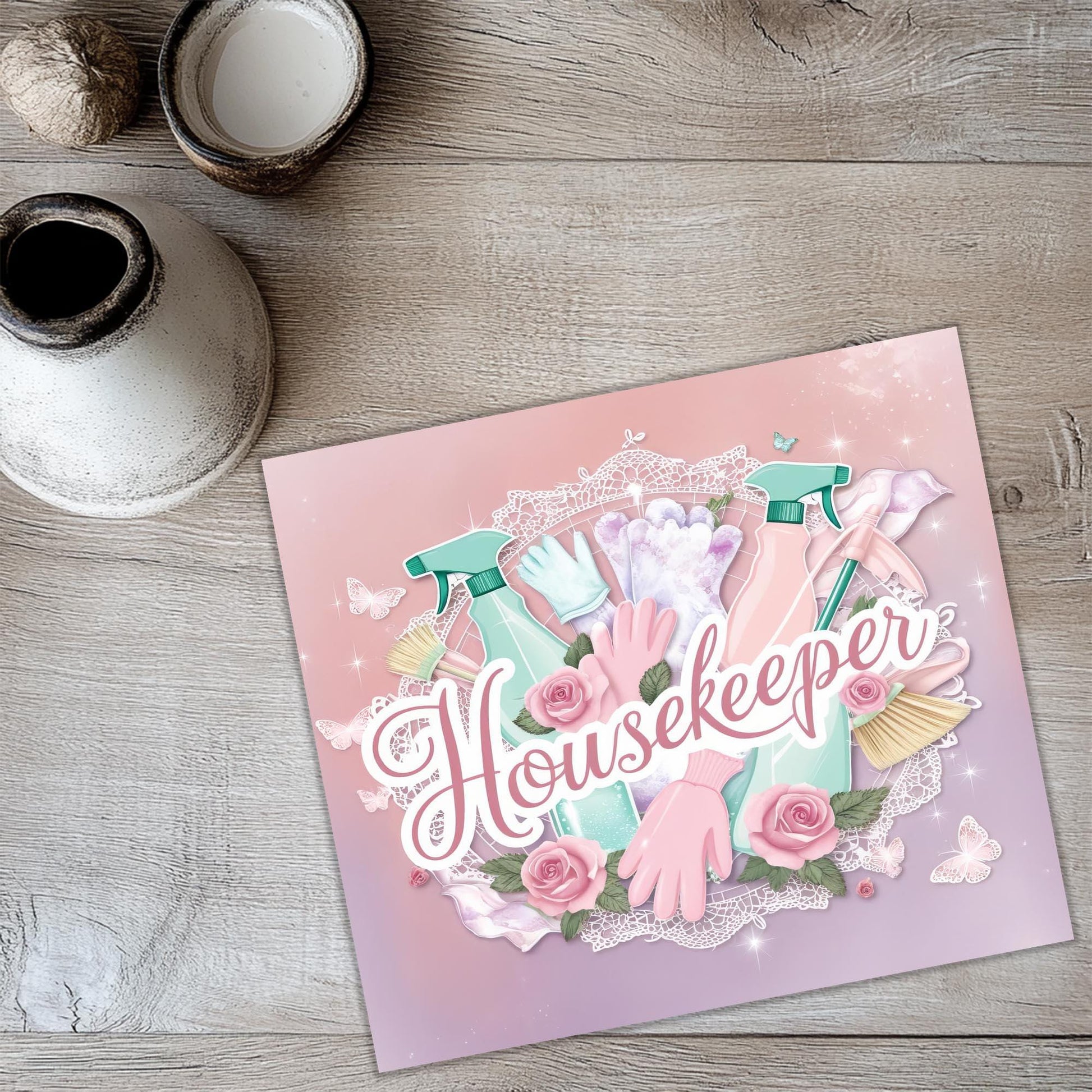 a card with a picture of a housewife on it