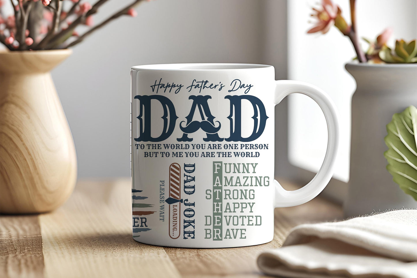 a coffee mug sitting on top of a wooden table