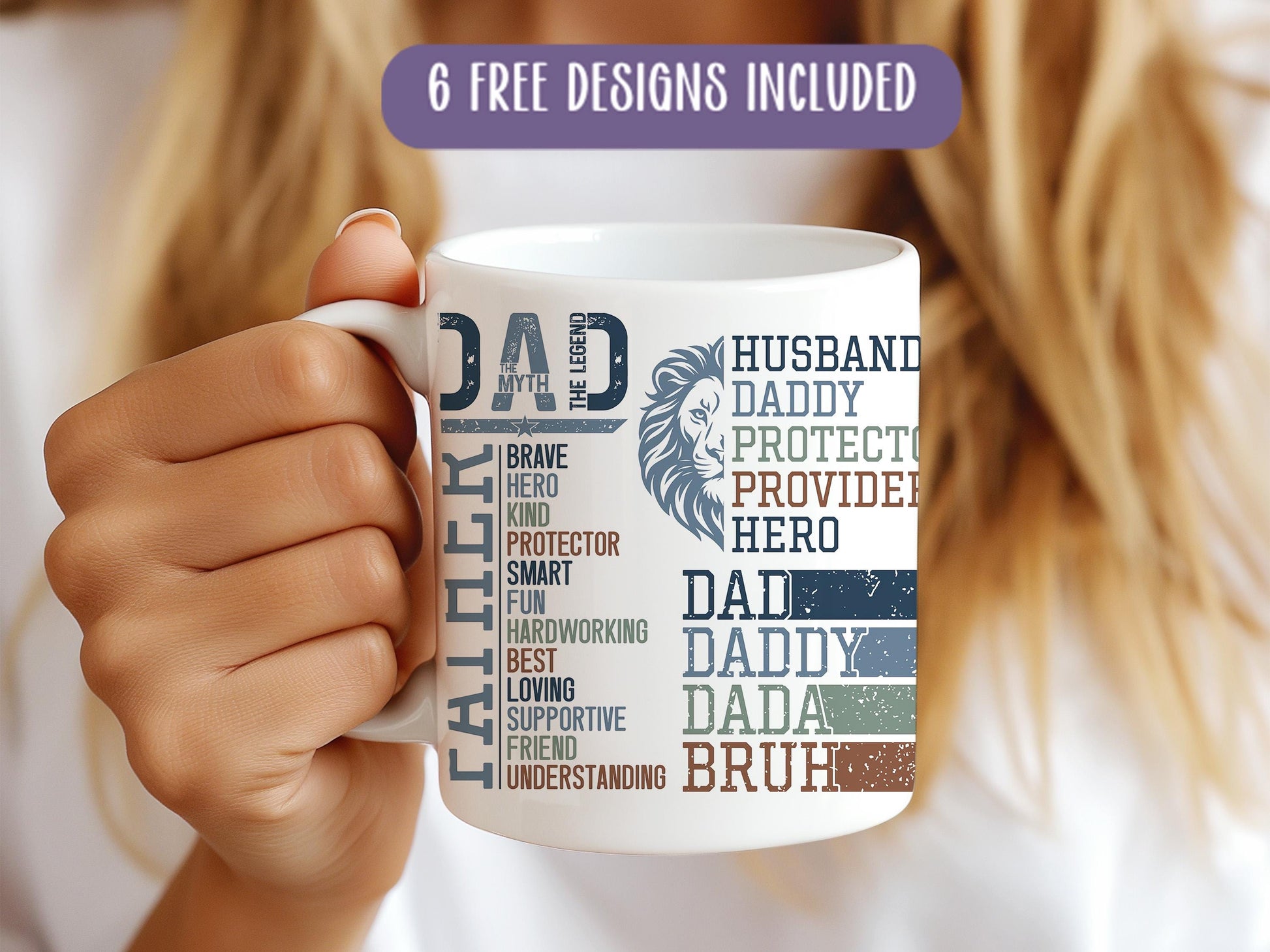 a woman holding a coffee mug with the words dad on it