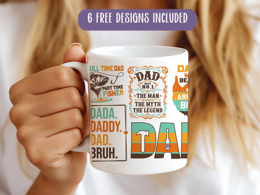 a woman holding a coffee mug with the words dad on it