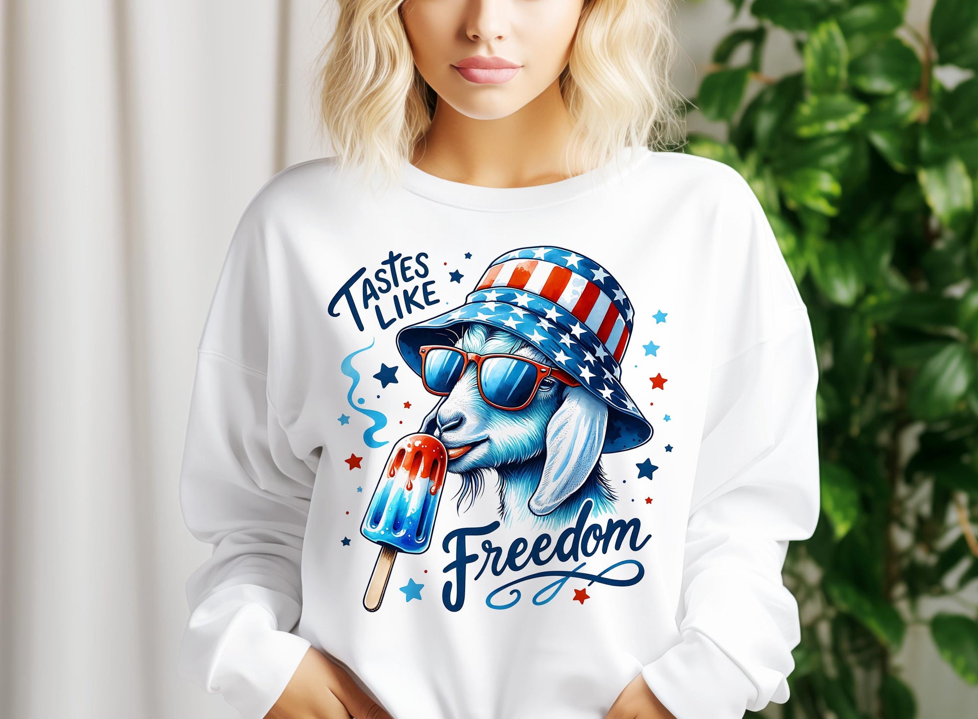 a woman wearing a white shirt with an american flag hat and ice cream on it