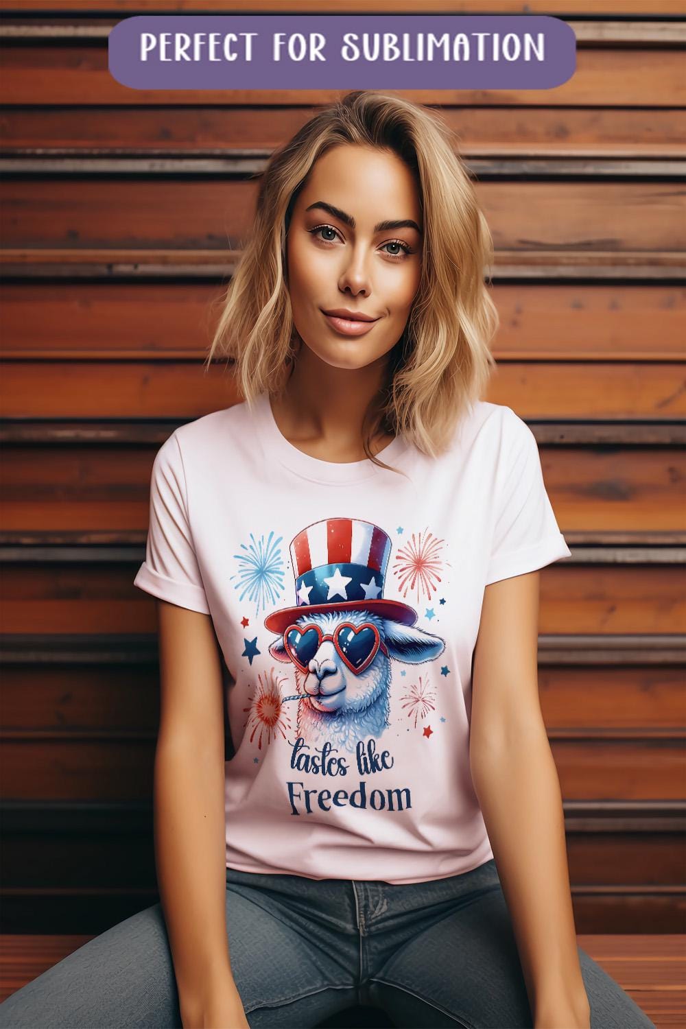 a woman sitting on a bench wearing a t - shirt with an image of a