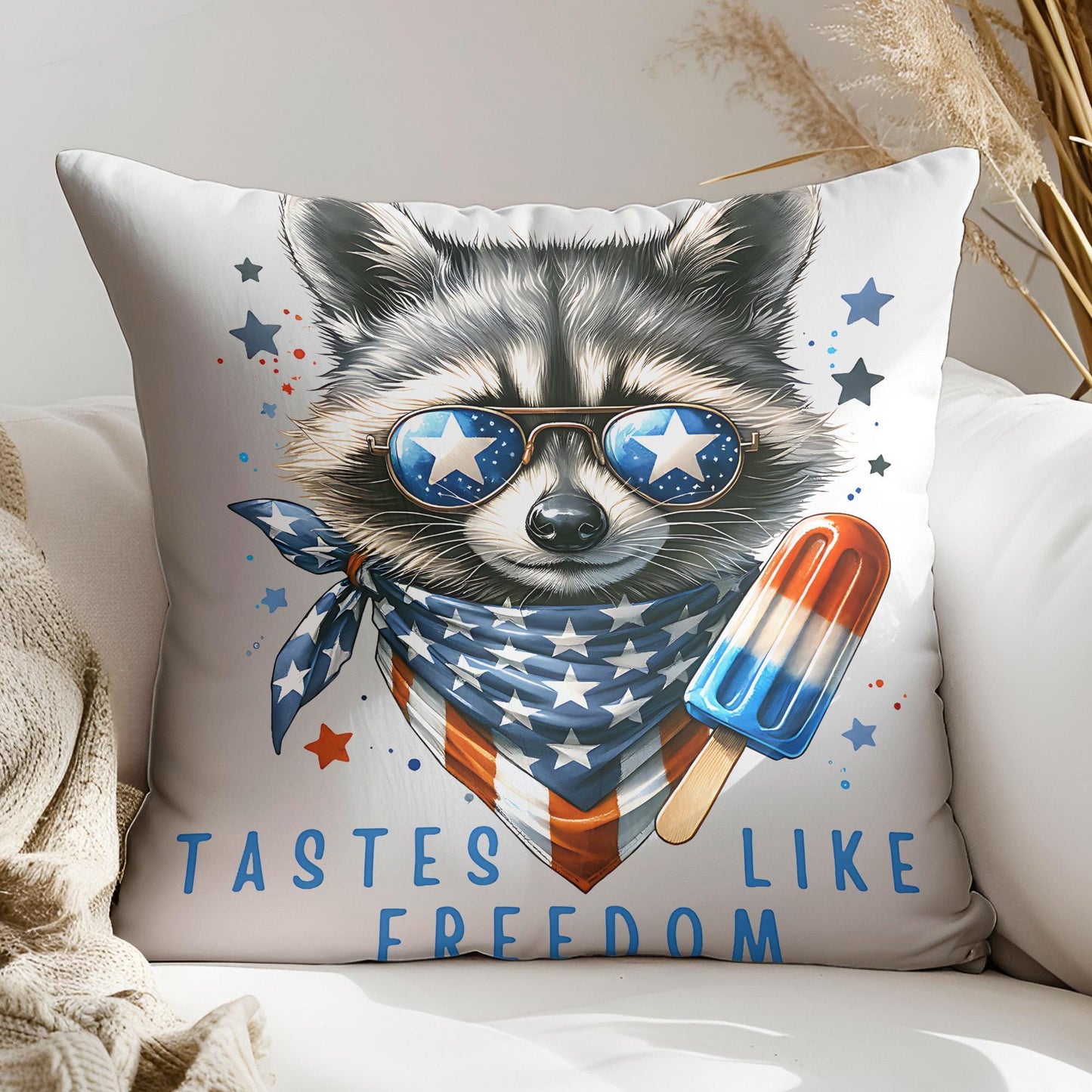 a pillow with a raccoon wearing sunglasses on it