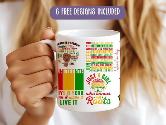a woman is holding a coffee mug with a colorful design on it