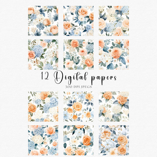 12 digital papers with flowers and leaves