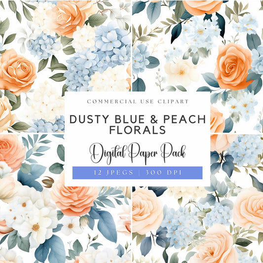 a blue and peach floral pattern with the words dusty blue and peach florals