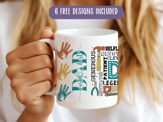 a woman holding a coffee mug with her hand prints on it