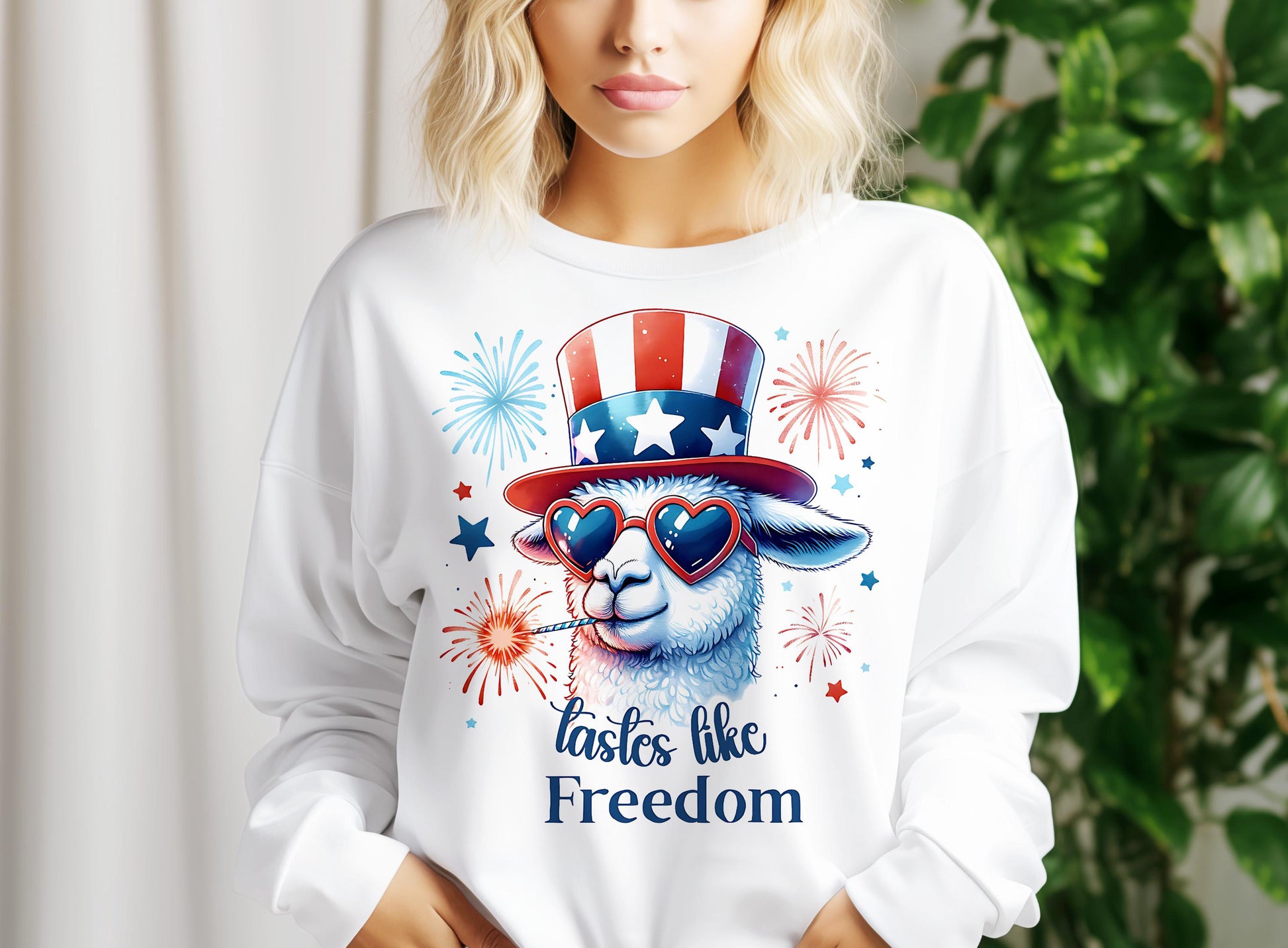 a woman wearing a white shirt with an american flag hat and sunglasses