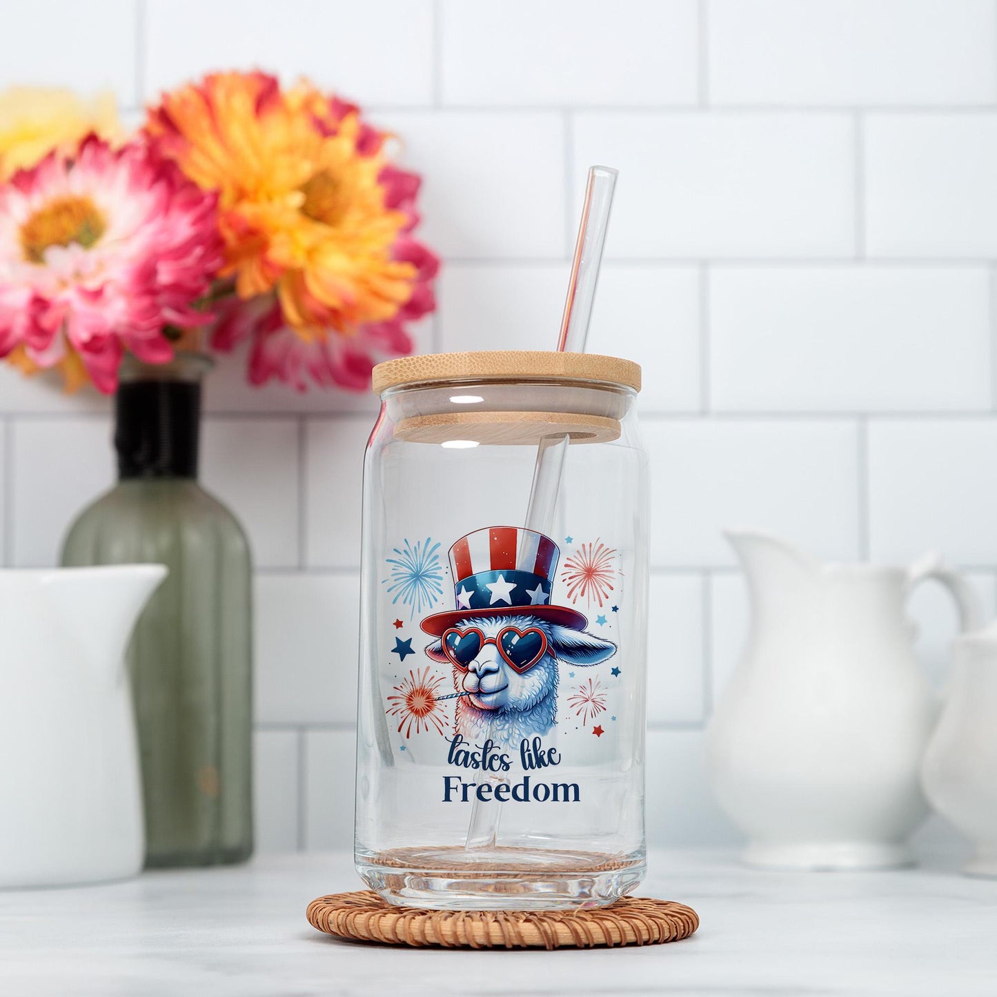 a glass jar with a straw and a straw in it