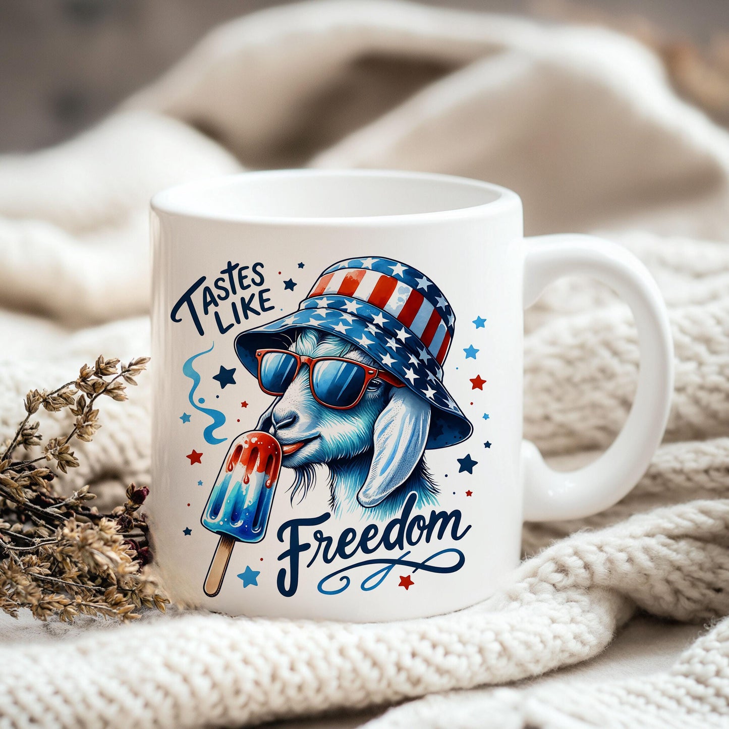 a coffee mug with an image of a rabbit wearing a hat and sunglasses