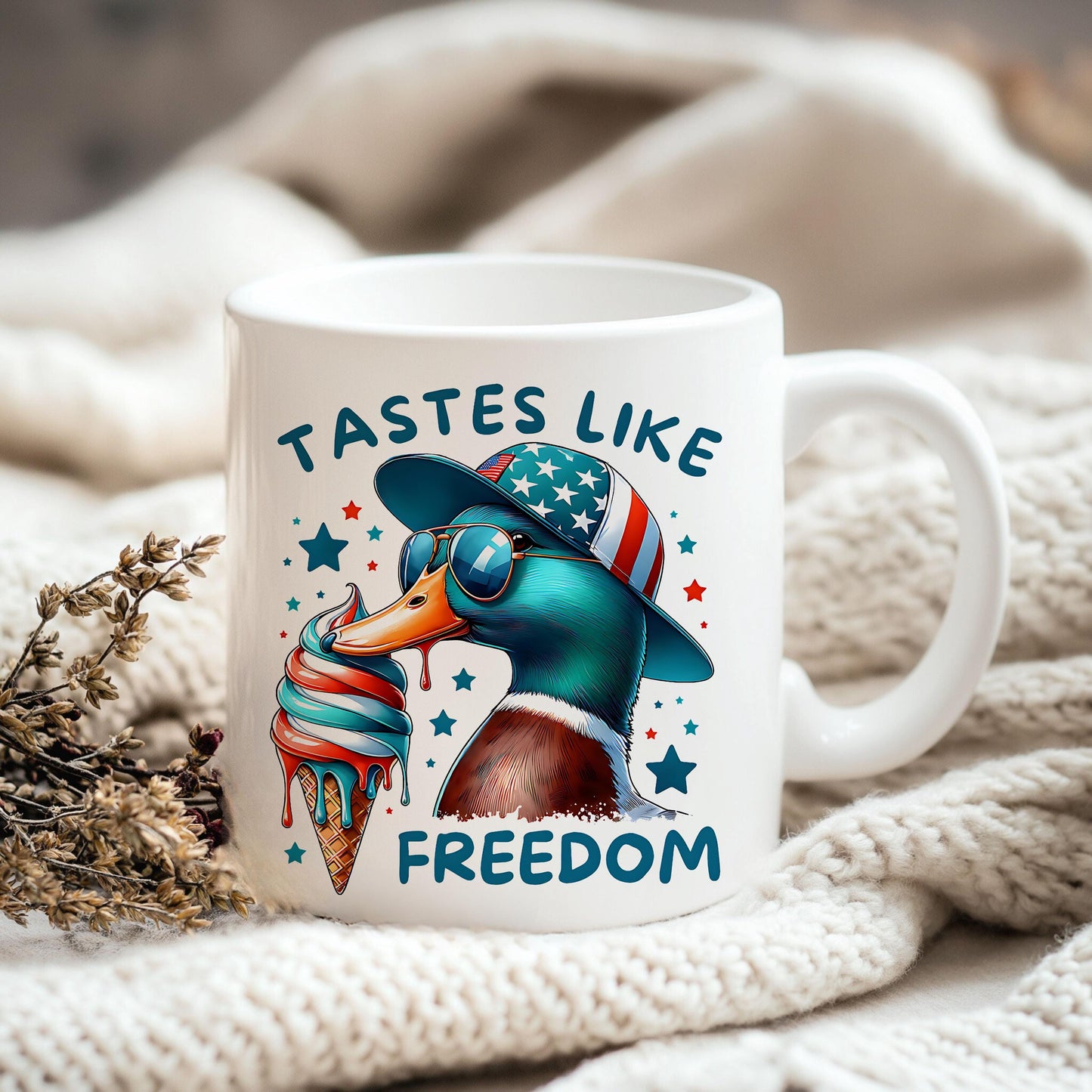 a coffee mug with a duck wearing a hat