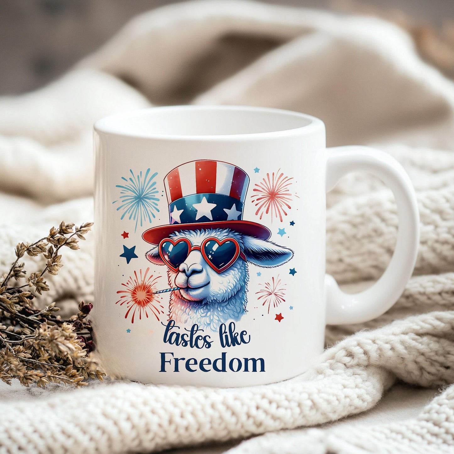 a coffee mug with a patriotic llama wearing sunglasses and a hat