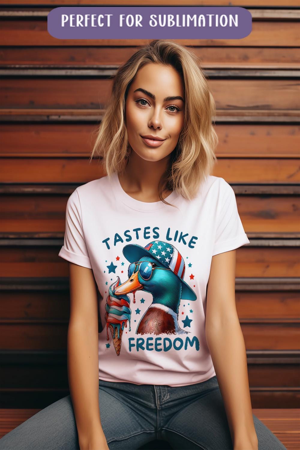 a woman wearing a t - shirt with a duck on it