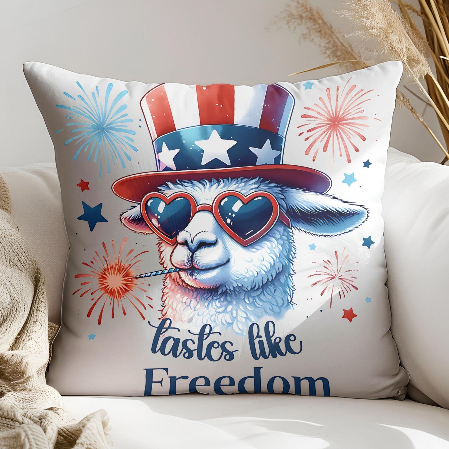 a pillow with an image of a llama wearing sunglasses and a hat