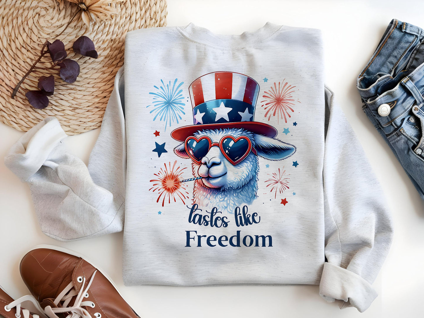 a white shirt with an image of a sheep wearing a hat and sunglasses