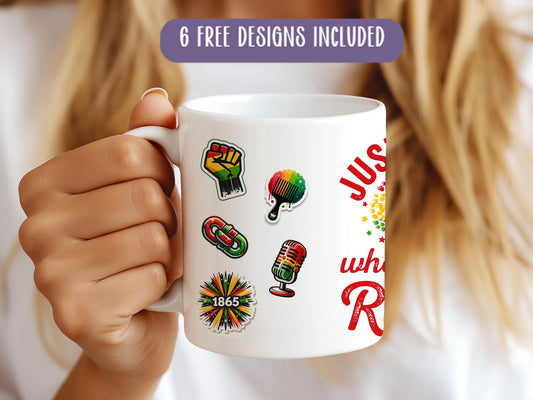 a woman holding a coffee mug with stickers on it
