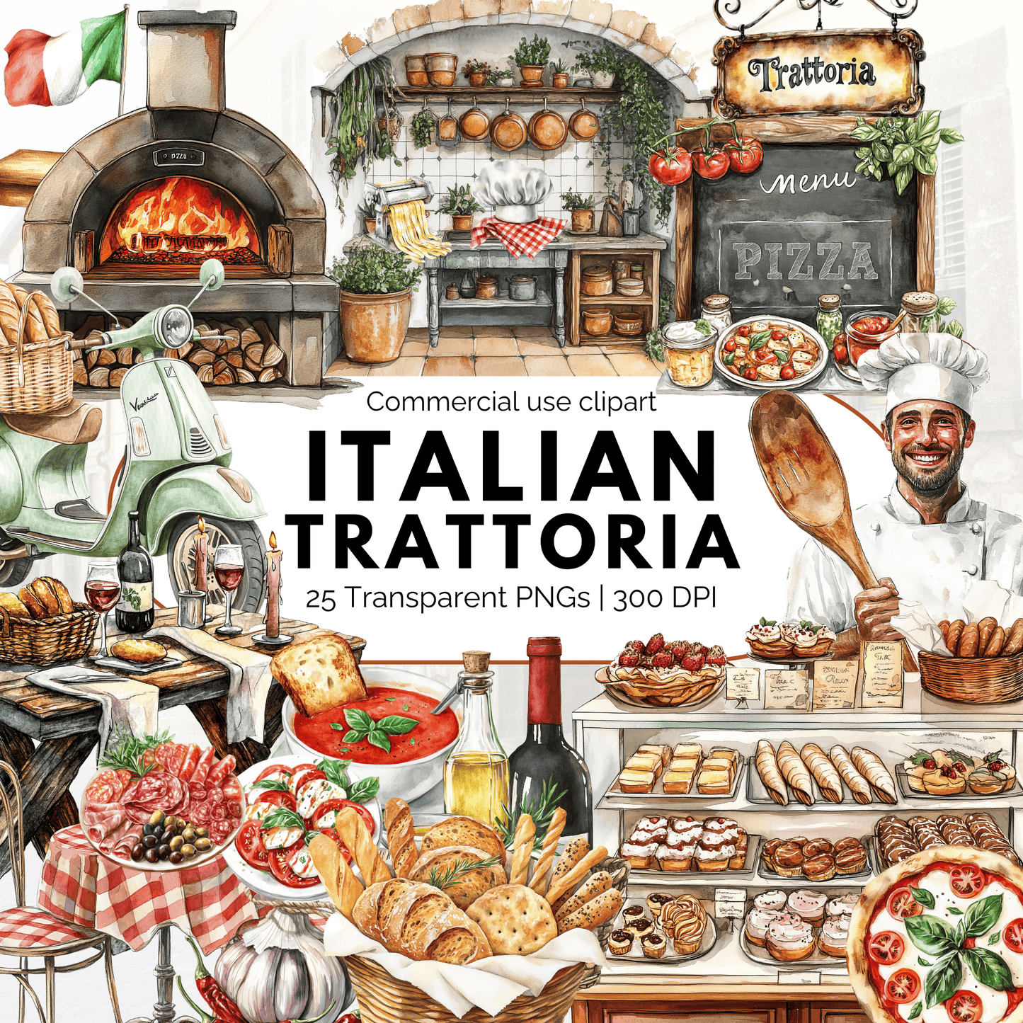 Italian Restaurant PNG Clipart – Watercolor Food Design
