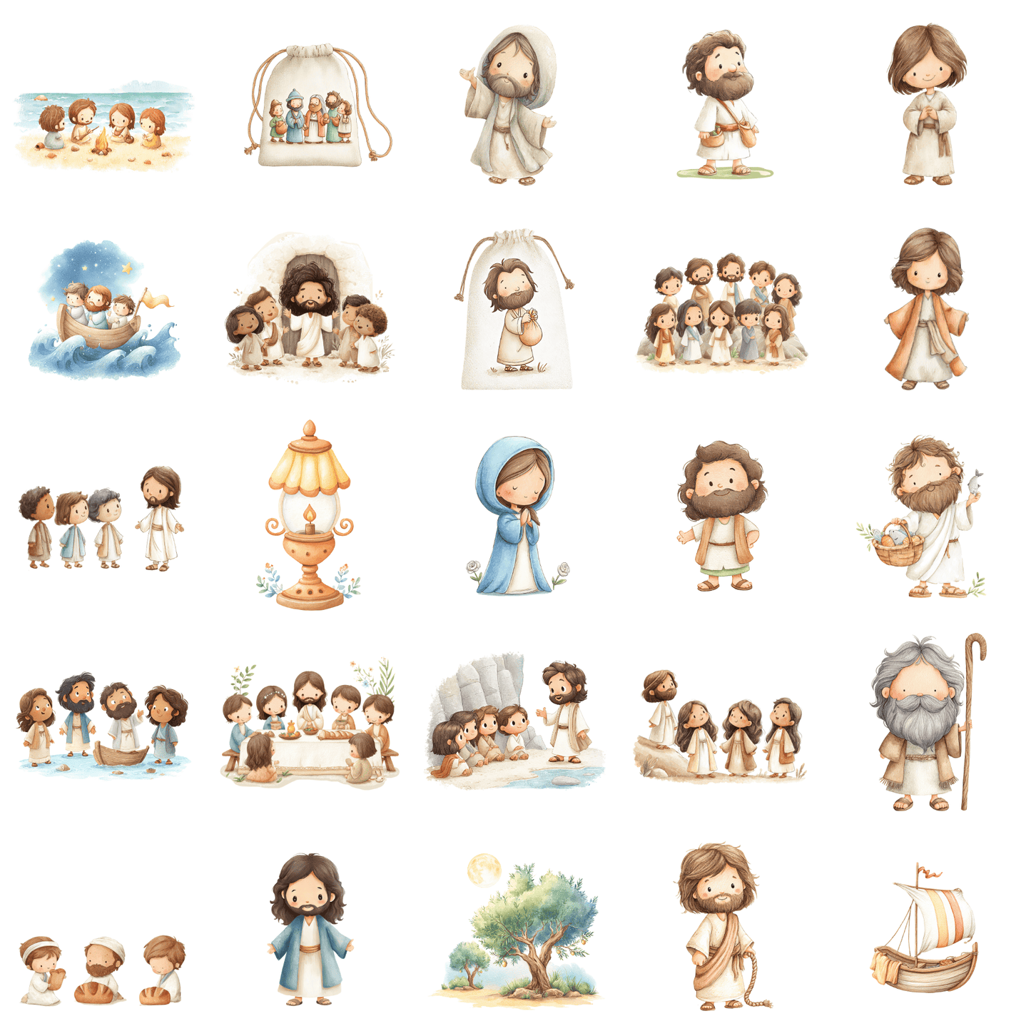 Jesus & The Apostles Clipart Set – 55 Bible Story PNGs (Commercial Use, Kids Christian Printables)