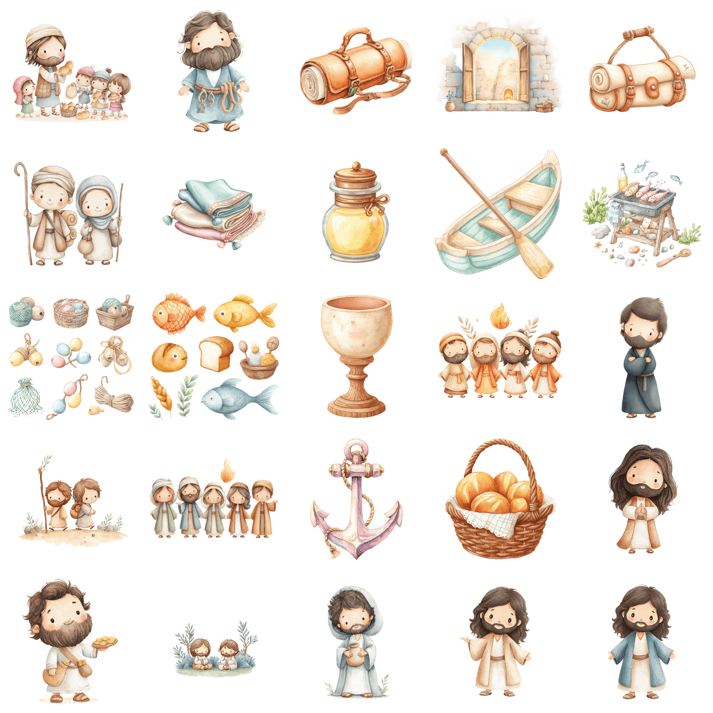 Jesus & The Apostles Clipart Set – 55 Bible Story PNGs (Commercial Use, Kids Christian Printables)
