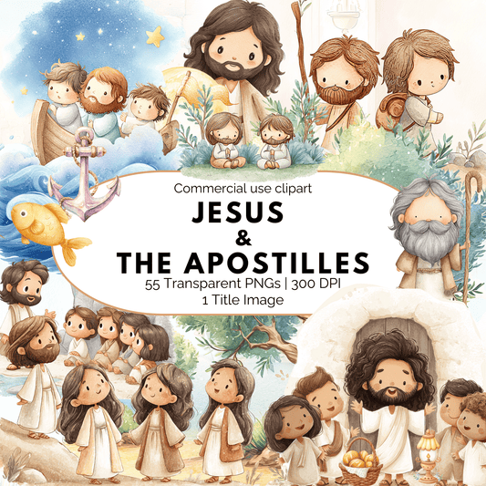 Jesus & The Apostles Clipart Set – 55 Bible Story PNGs (Commercial Use, Kids Christian Printables)
