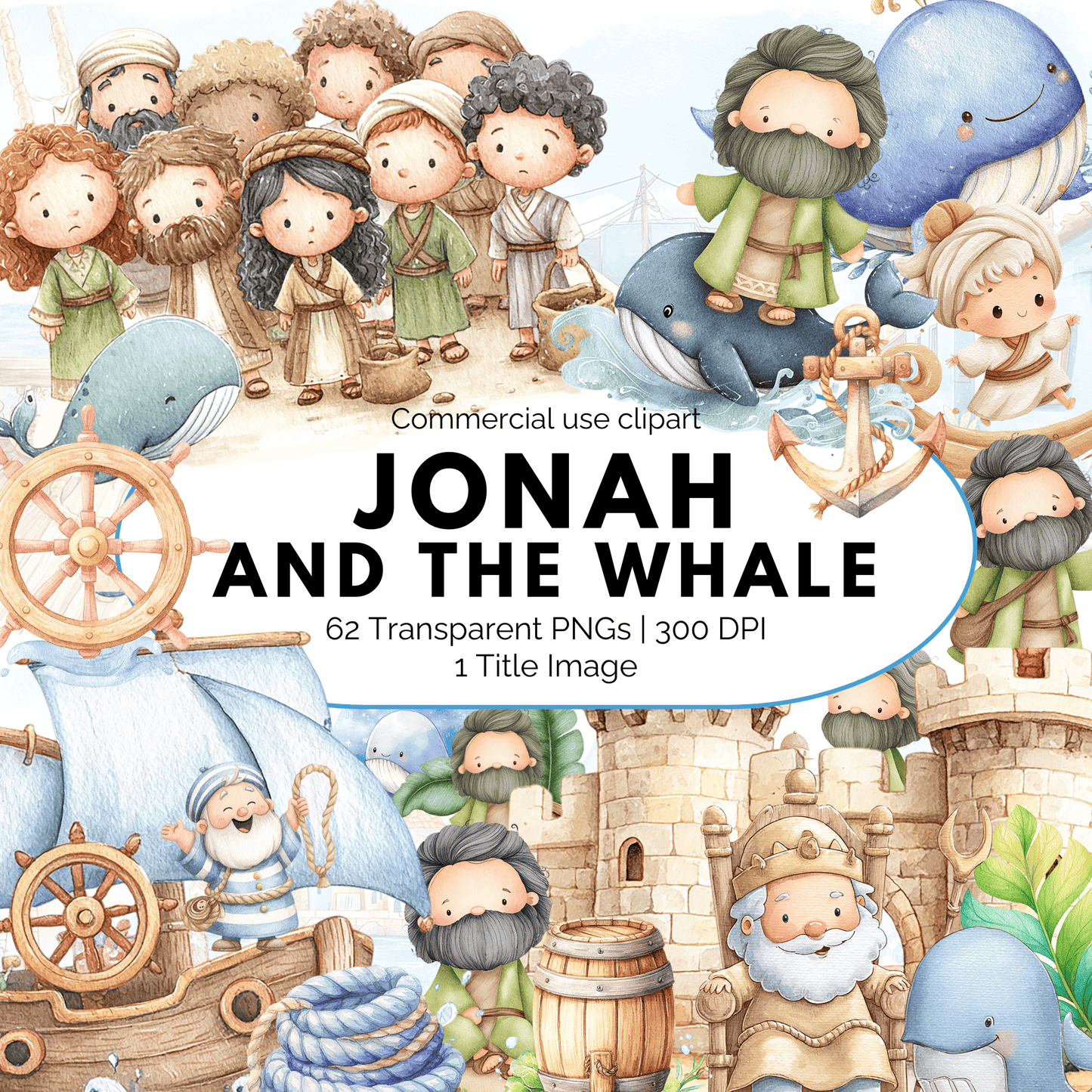 Jonah and the Whale Clipart – Bible Story PNG, Christian Kids Clipart, Sunday School Graphics, Commercial Use