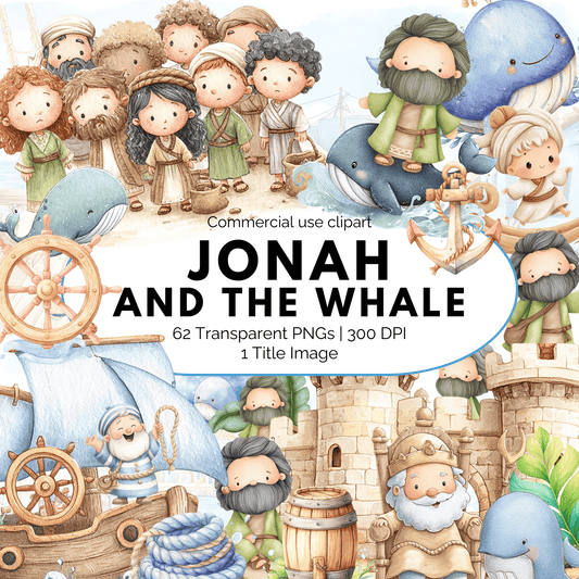 Jonah and the Whale Clipart – Bible Story PNG, Christian Kids Clipart, Sunday School Graphics, Commercial Use