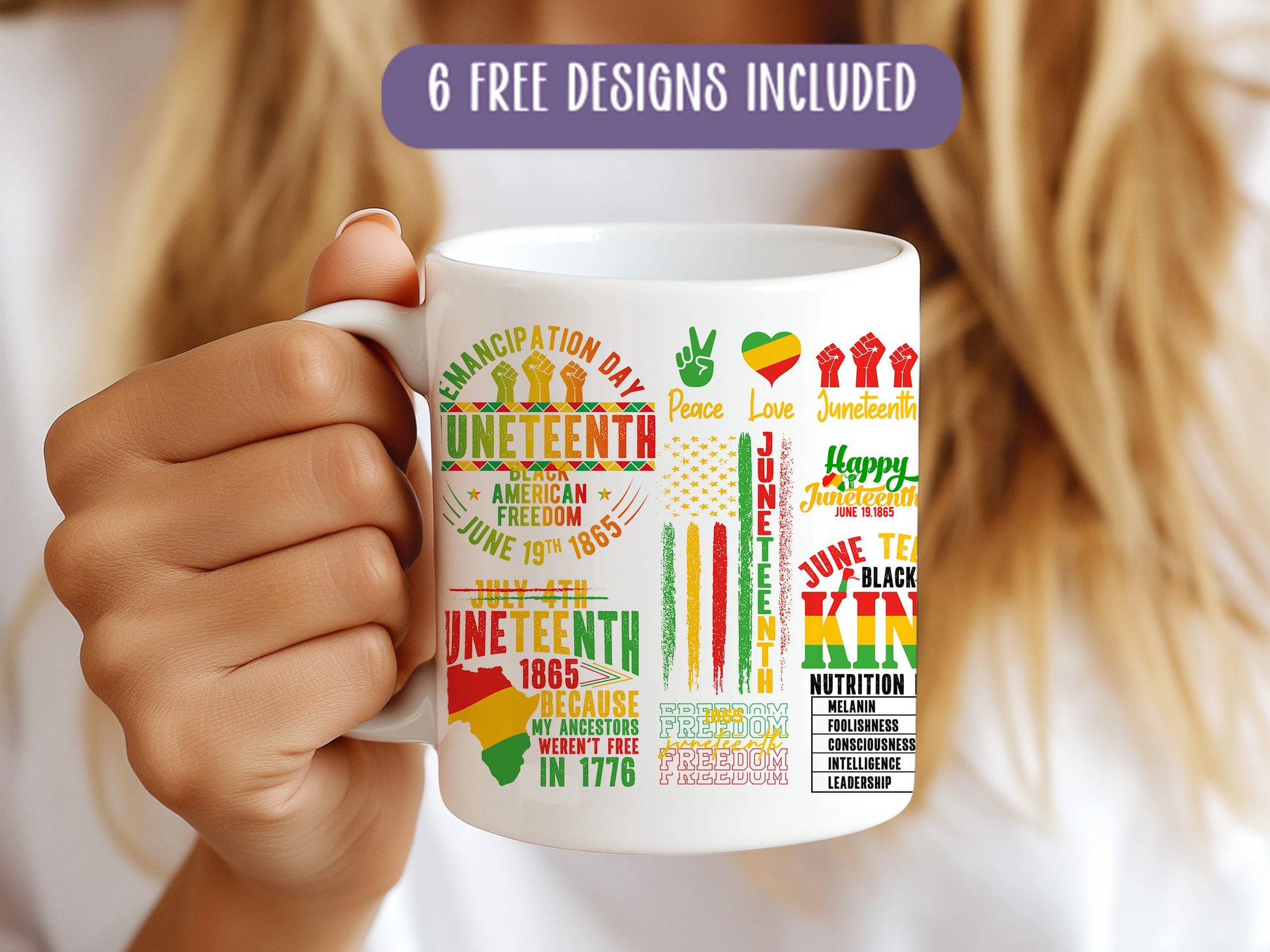 a woman holding a coffee mug with a variety of designs on it