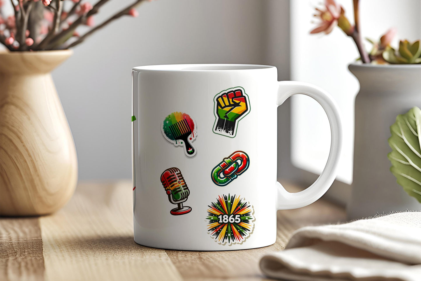 a coffee mug with a bunch of stickers on it