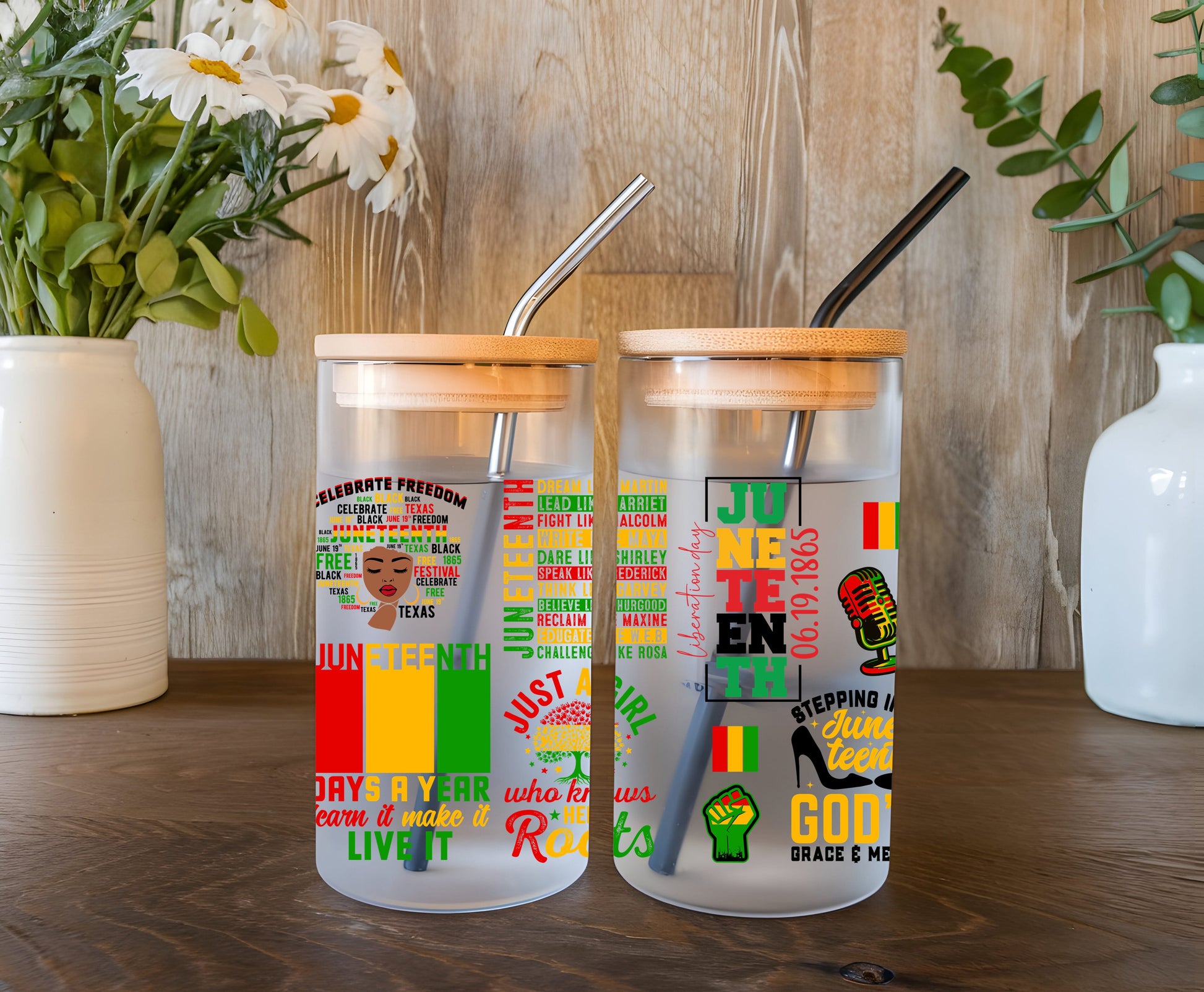 a couple of cups sitting on top of a wooden table