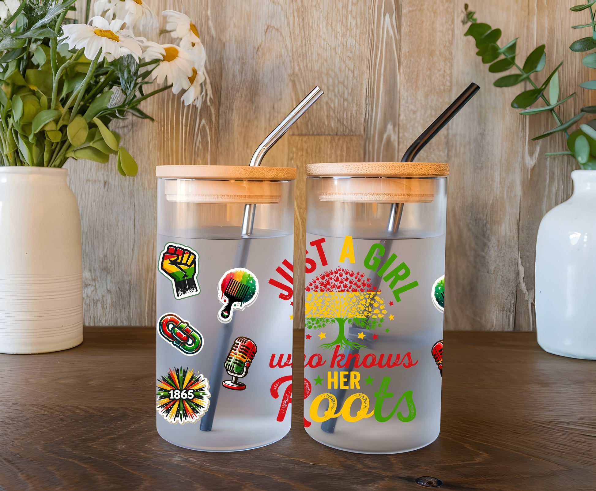 a couple of cups sitting on top of a wooden table