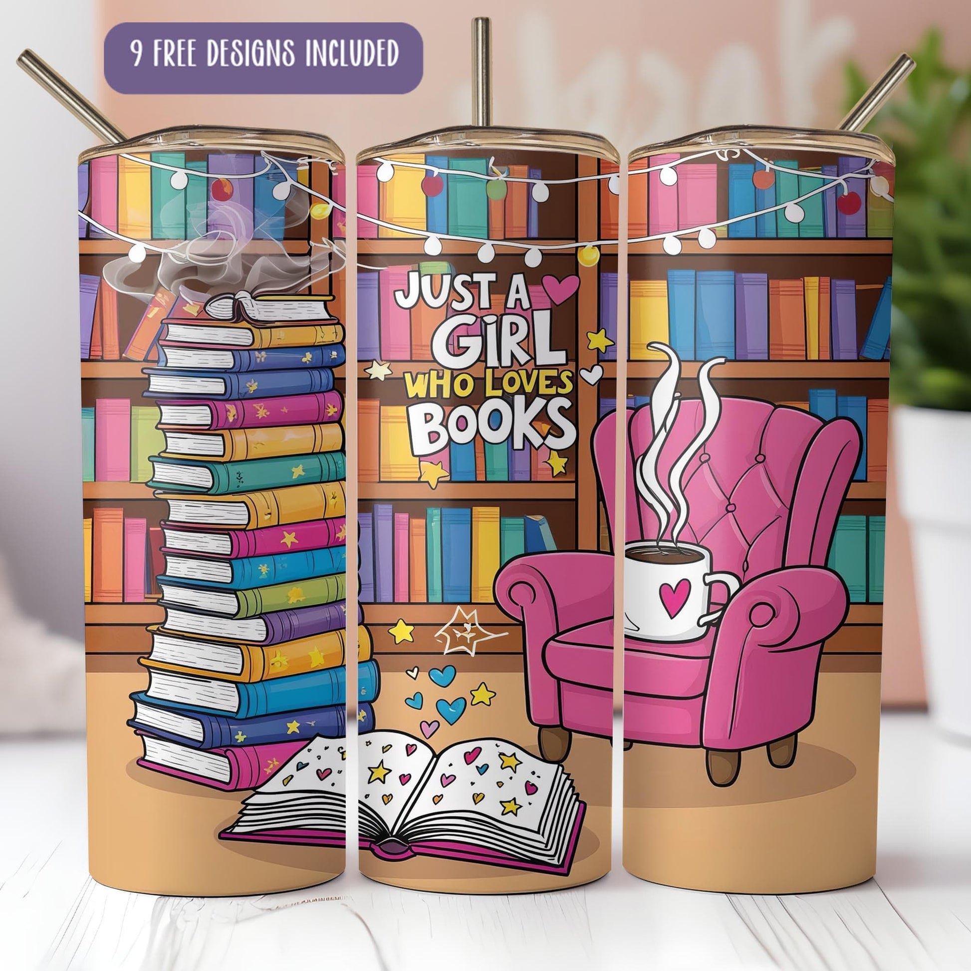 a pair of coffee mugs with books on them